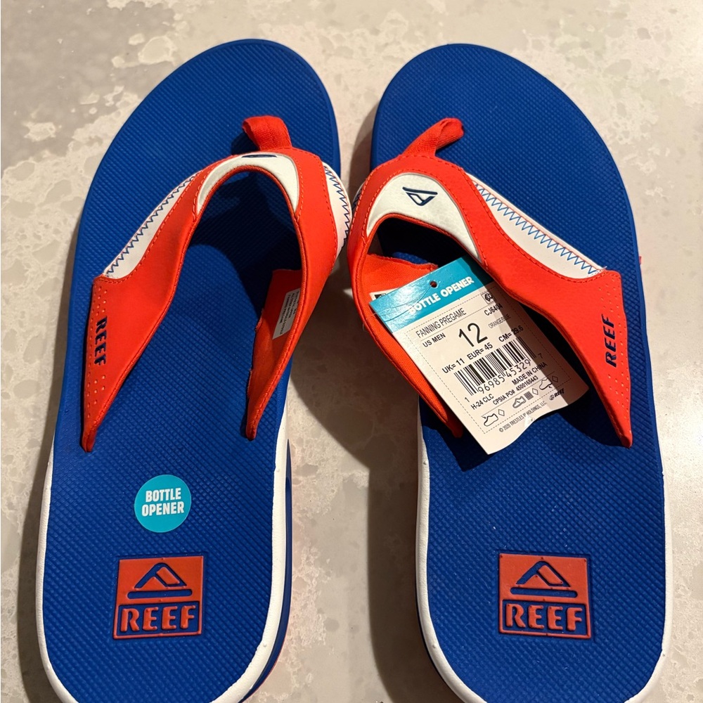 Reef Orange and Blue Flip Flops with Bottle Opener, NWT Size 12